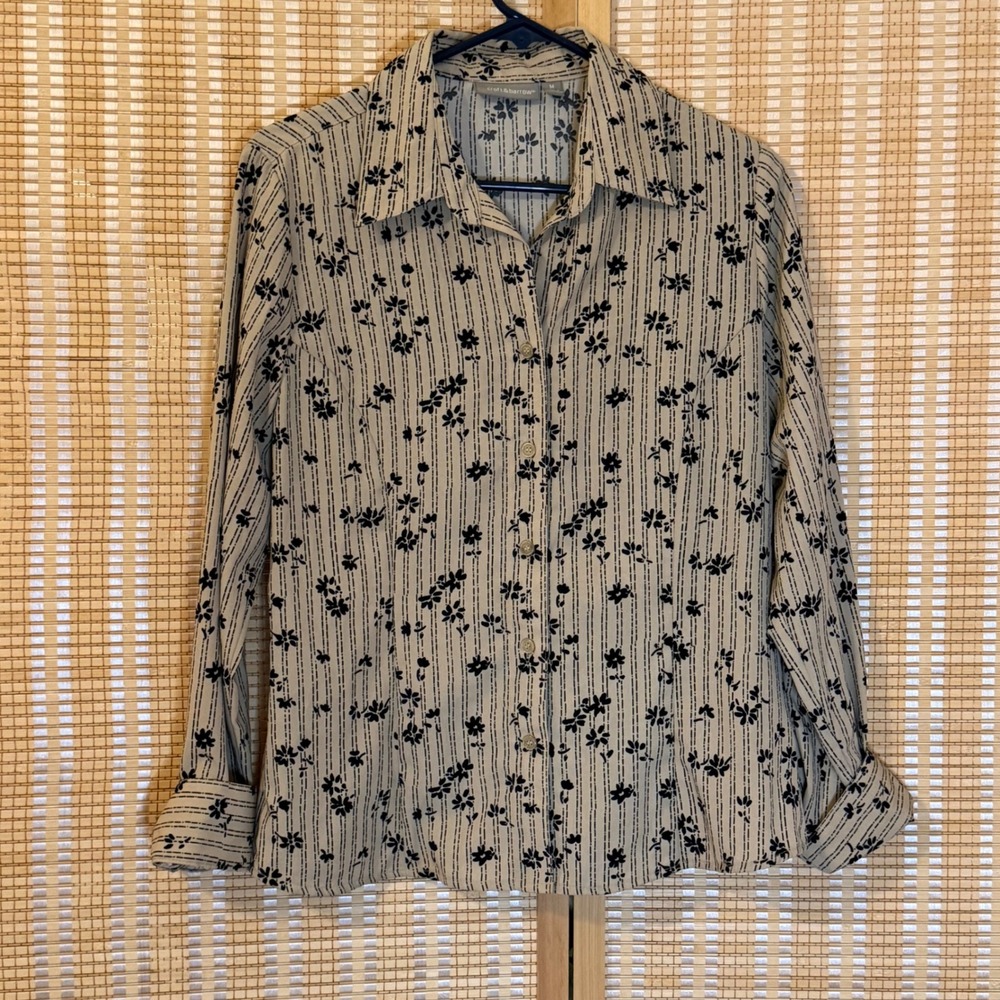 Croft & Barrow Womens Beige Black Floral Stripe Button Down Blouse Size M Office